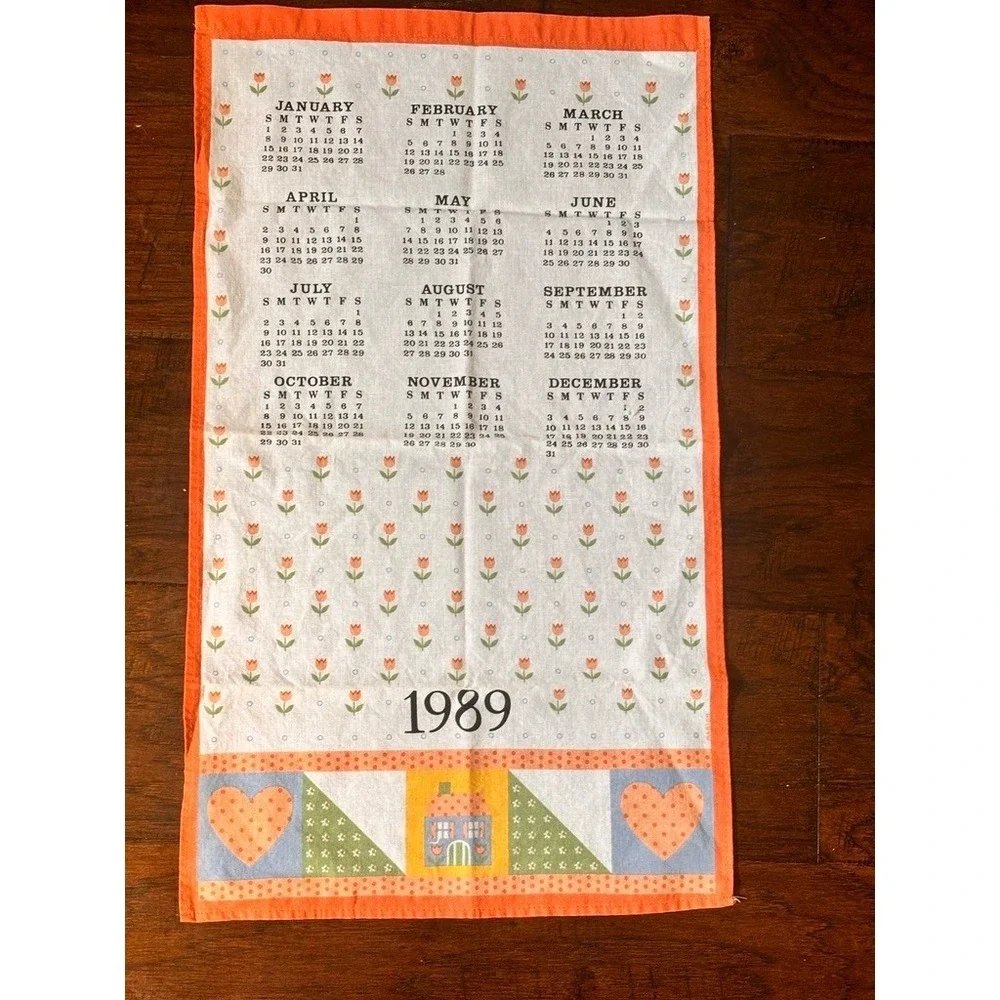 Vintage 1989 Calendar Tea Towel Tulips Hearts Folk Art Kitchen Dish Towel Orange